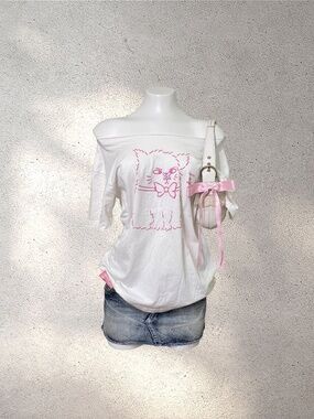 Y2K Grumpy Cat “Leave Me Alone” Graphic Off The Shoulder Top | Pink Bow Coquette